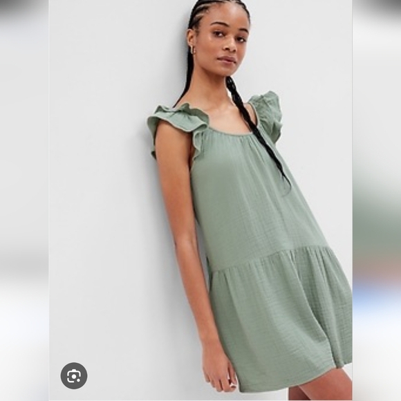GAP Sage Green 100% Cotton Dress Tiered Ruffle Sleeve XL Tall Sleeveless - Picture 1 of 5